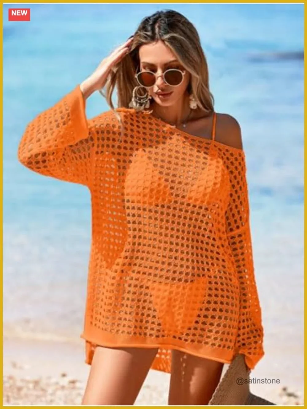 Crochet Swimsuit Cover Up Oversized Long Sleeve Mesh Knit Mini Dress